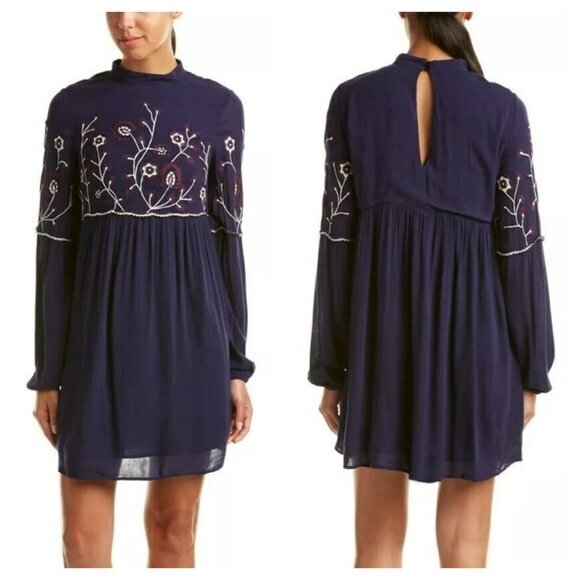Parker Sadie Floral Embroidered Long Sleeve Shift Mini Dress S Navy Blue - Picture 1 of 16